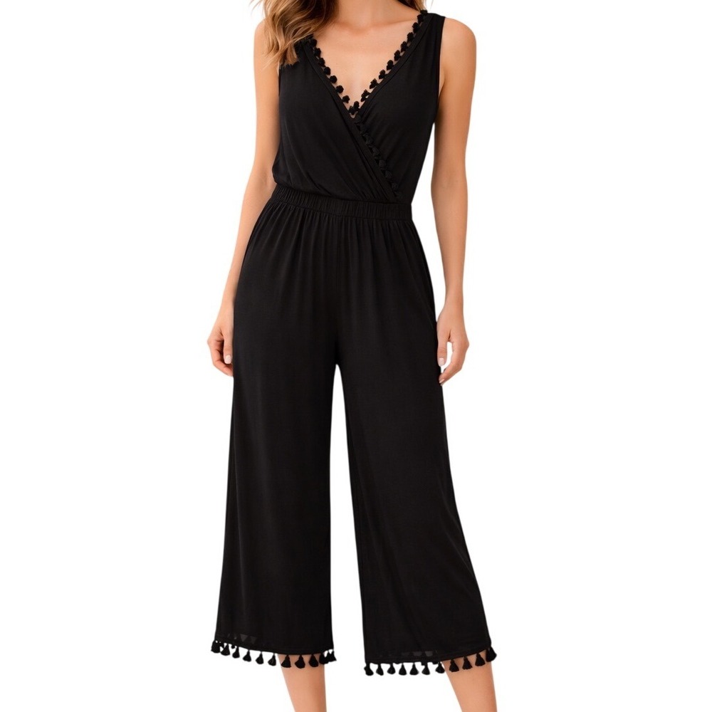 Spense Black Stretch Sleeveless V-Neck Cropped Jumpsuit Tassel Fringe Size Small